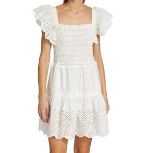 SEA New York Vivienne Ruffled Mini Dress White Cotton XS Eyelet